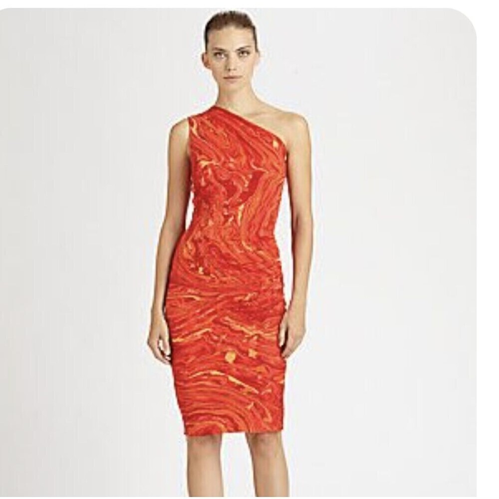 Michael Kors Collection Agate Dress Size 6 Orange One Shoulder Ruched Sheath